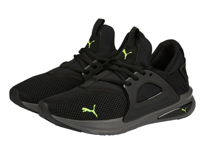 Tenis deportivos PUMA Softride Enzo Evo en color negro con suela gris y detalles en verde lima.