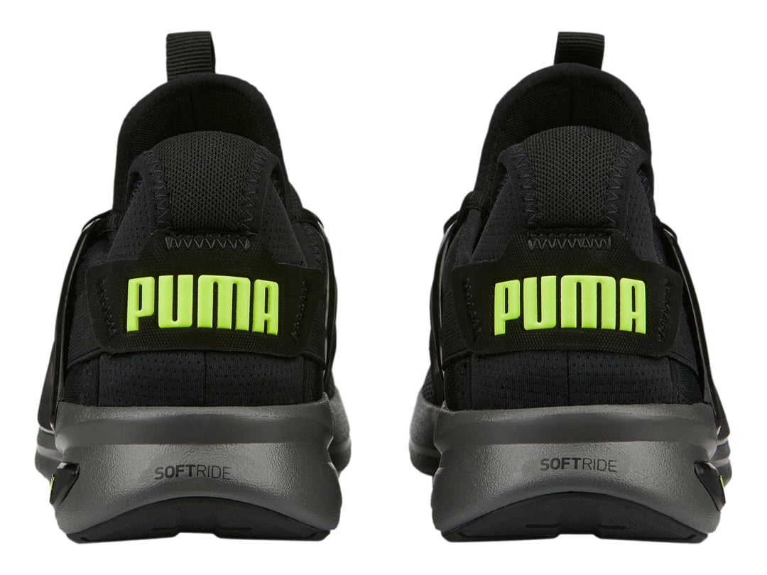 Tenis deportivos PUMA Softride Enzo Evo en color negro con suela gris y detalles en verde lima.