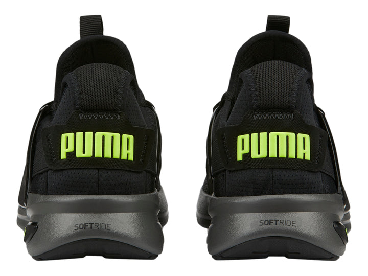 Tenis deportivos PUMA Softride Enzo Evo en color negro con suela gris y detalles en verde lima.