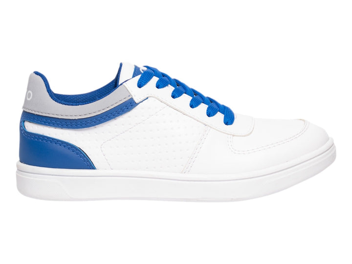 Tenis blancos con cordones y detalles en color azul y gris.
