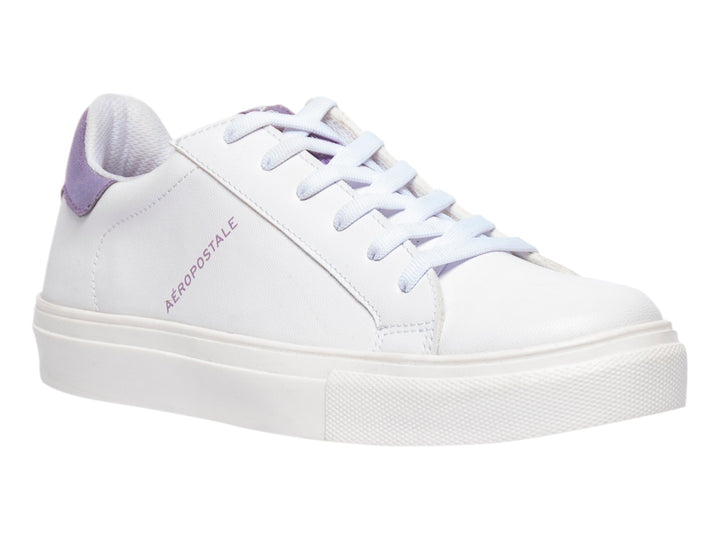 Tenis blancos de Aeropostale con detalles en color lila en el talón y cordones blancos.