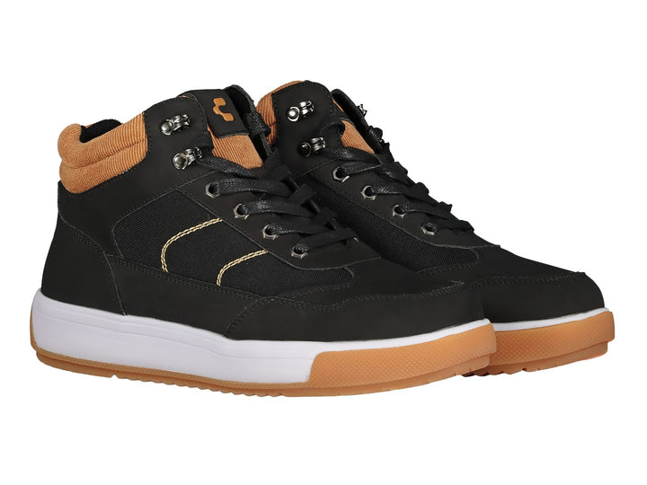 Tenis deportivos de bota color negro con detalles en café y suela blanca y café.