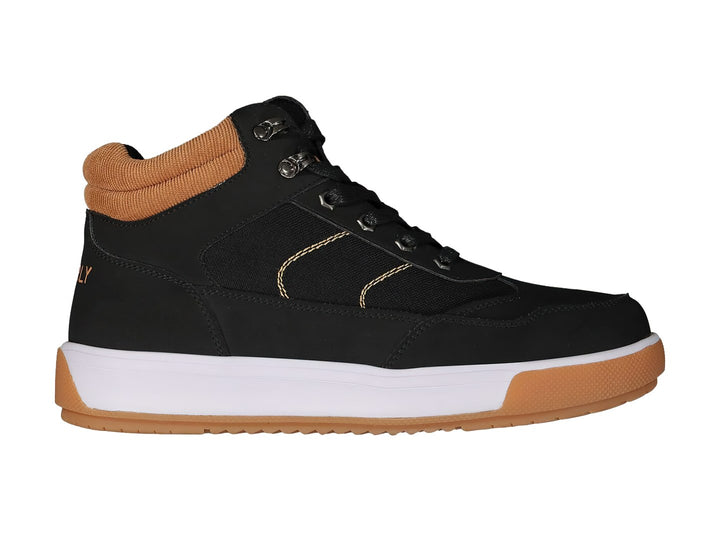 Tenis deportivos de bota color negro con detalles en café y suela blanca y café.