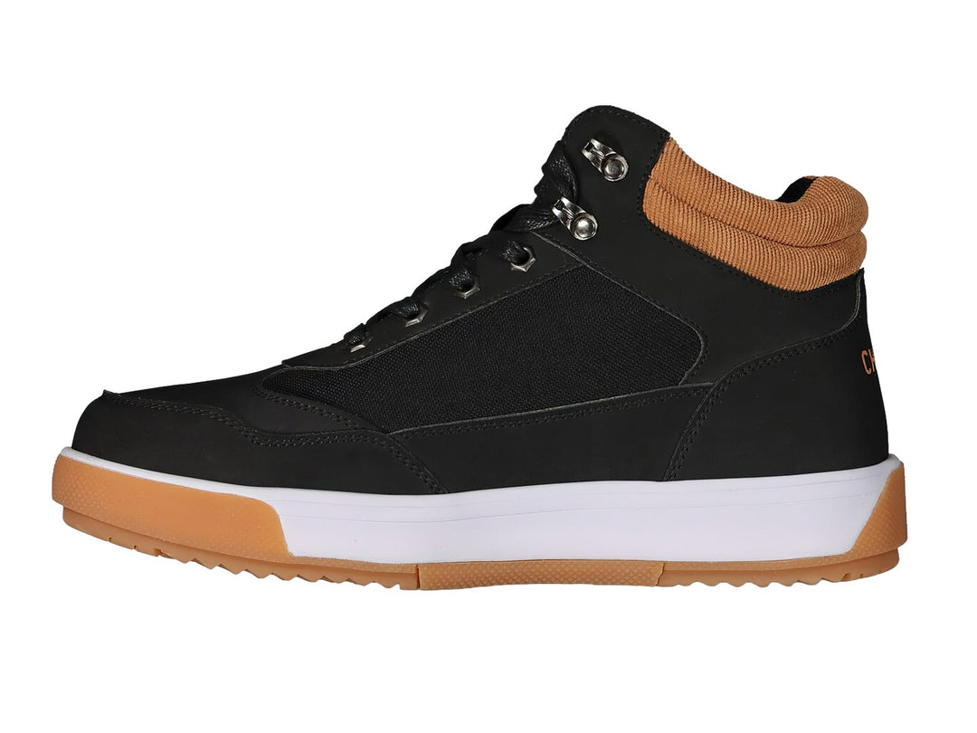 Tenis deportivos de bota color negro con detalles en café y suela blanca y café.