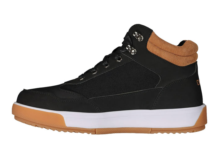 Tenis deportivos de bota color negro con detalles en café y suela blanca y café.