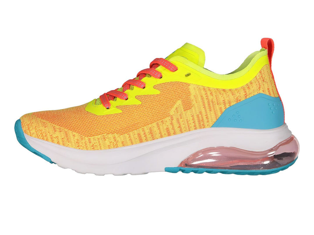 Tenis deportivos Charly color amarillo con detalles en aqua, blanco y cordones rosa.