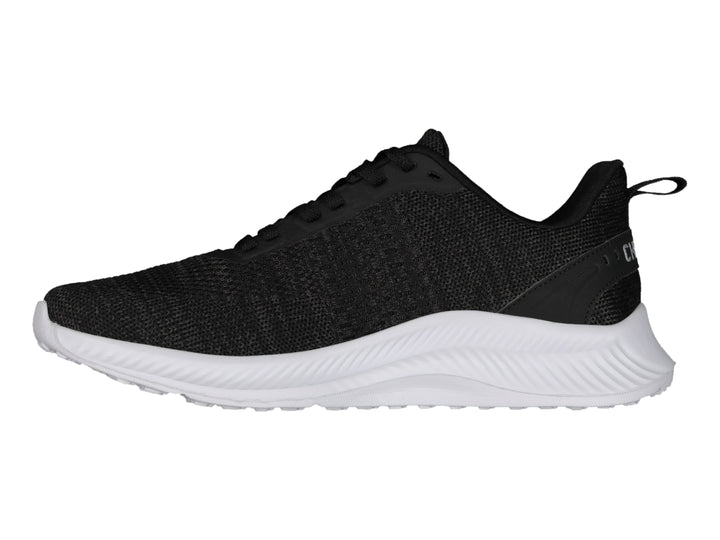 Tenis deportivos Charly color negro con suela blanca y logotipo lateral blanco.