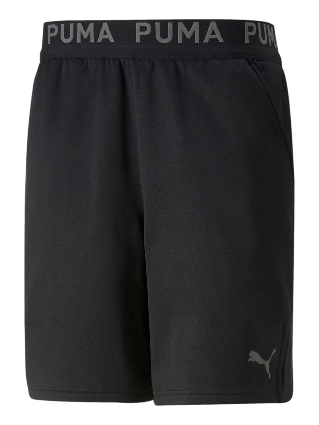 Pantalones cortos deportivos PUMA color negro con logo gris y cintura elástica.
