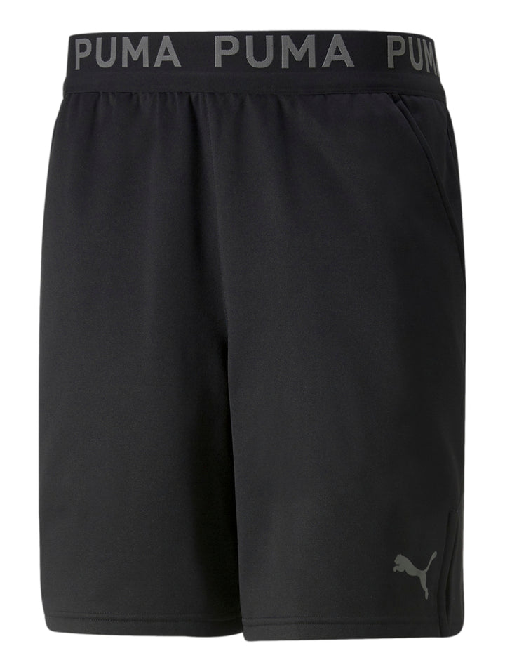 Pantalones cortos deportivos PUMA color negro con logo gris y cintura elástica.