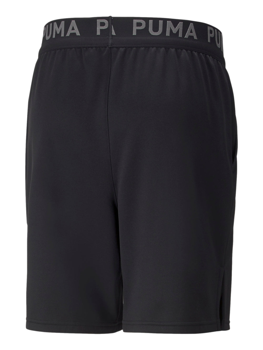 Pantalones cortos deportivos PUMA color negro con logo gris y cintura elástica.