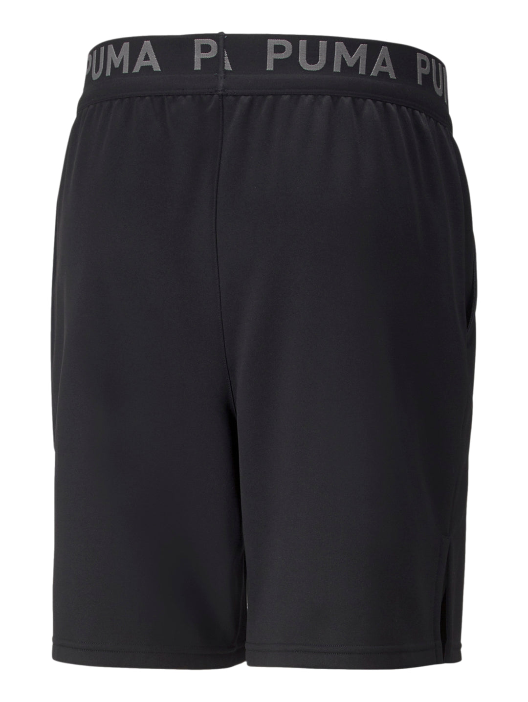 Pantalones cortos deportivos PUMA color negro con logo gris y cintura elástica.