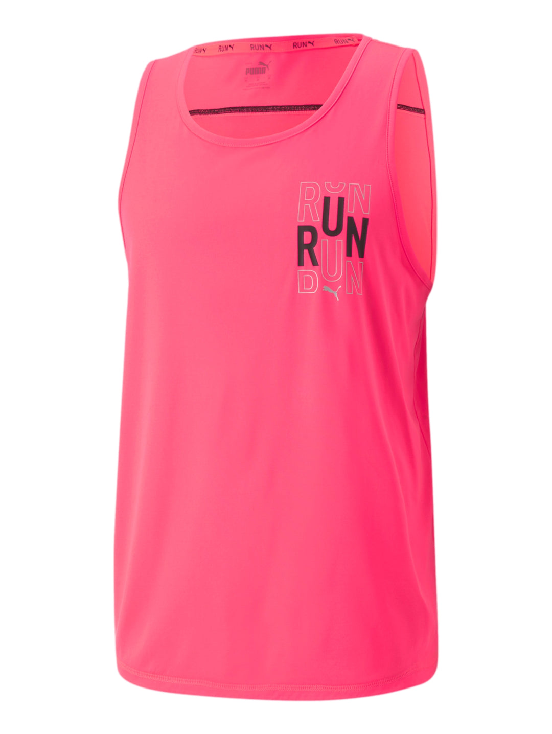 Camiseta deportiva sin mangas PUMA color rosa sunset glow con logotipo RUN en el pecho.