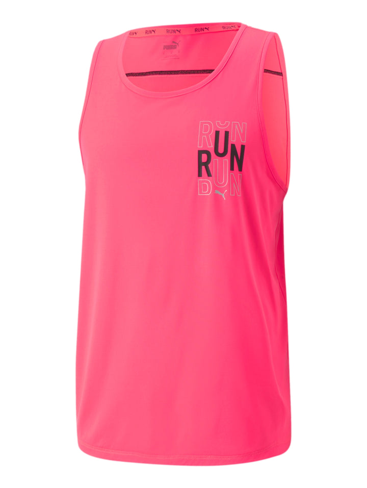 Camiseta deportiva sin mangas PUMA color rosa sunset glow con logotipo RUN en el pecho.