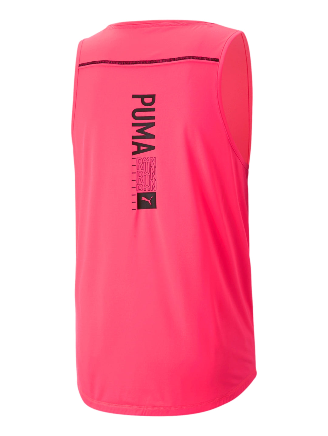 Camiseta deportiva sin mangas PUMA color rosa sunset glow con logotipo RUN en el pecho.