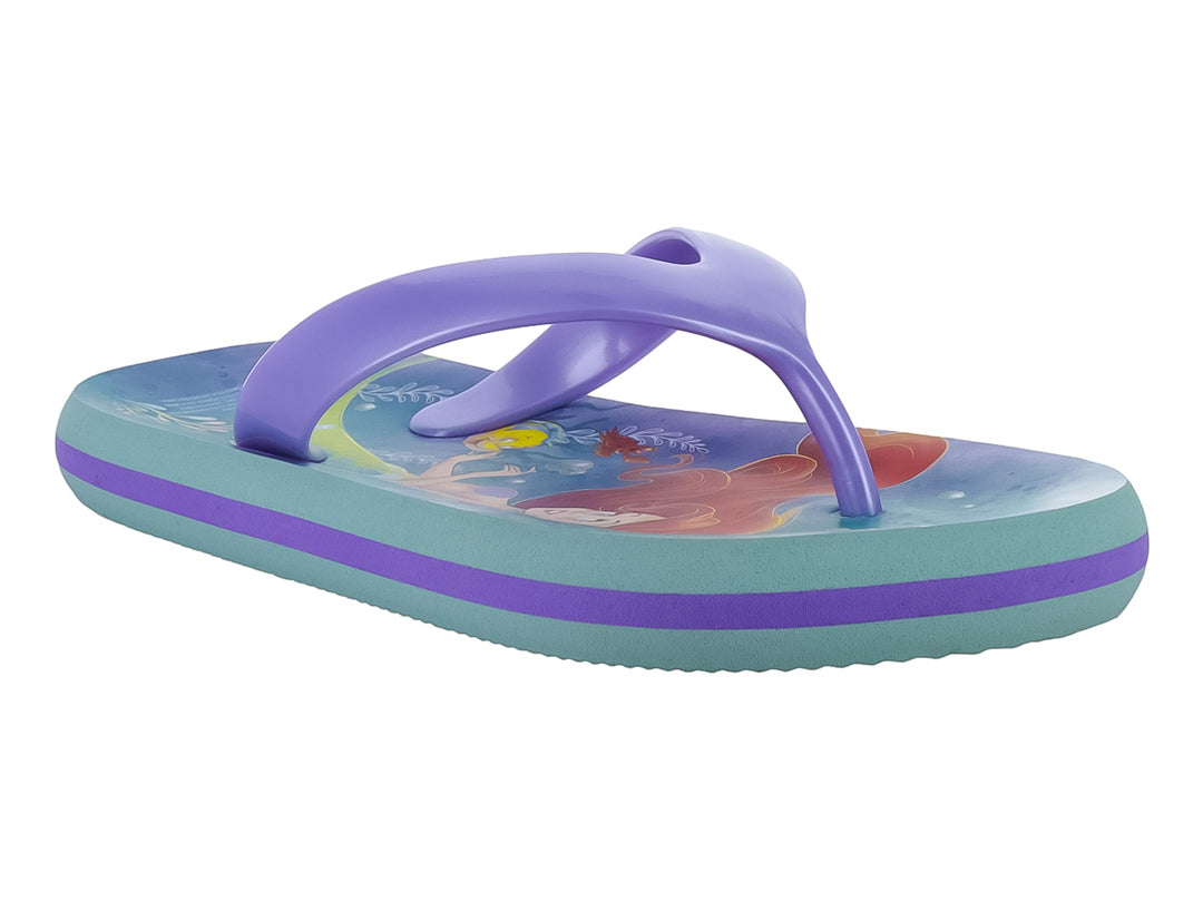 Sandalia de dedo para niña en color verde y morado con estampado de sirena.