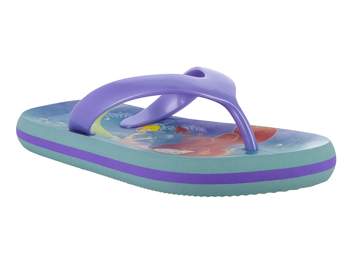 Sandalia de dedo para niña en color verde y morado con estampado de sirena.