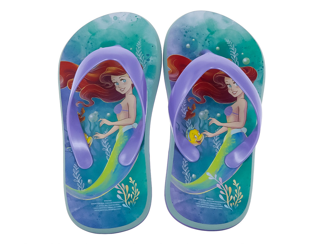 Sandalia de dedo para niña en color verde y morado con estampado de sirena.
