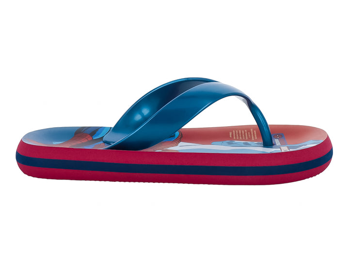 Sandalias infantiles de dedo con diseño de Spiderman en colores azul y rojo.