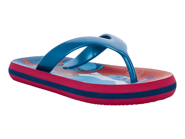 Sandalias infantiles de dedo con diseño de Spiderman en colores azul y rojo.
