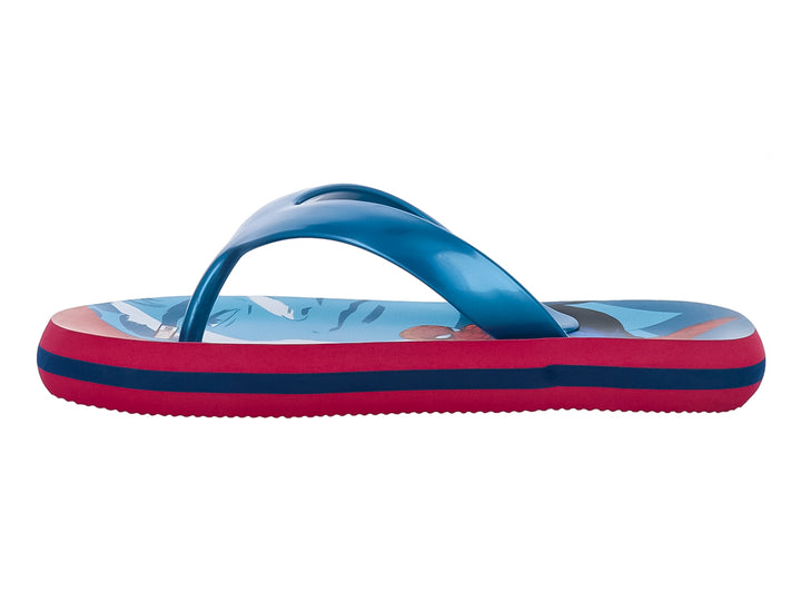 Sandalias infantiles de dedo con diseño de Spiderman en colores azul y rojo.
