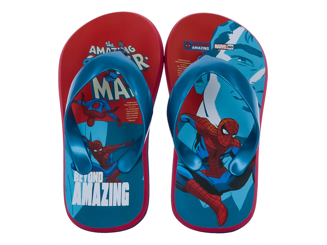Sandalias infantiles de dedo con diseño de Spiderman en colores azul y rojo.