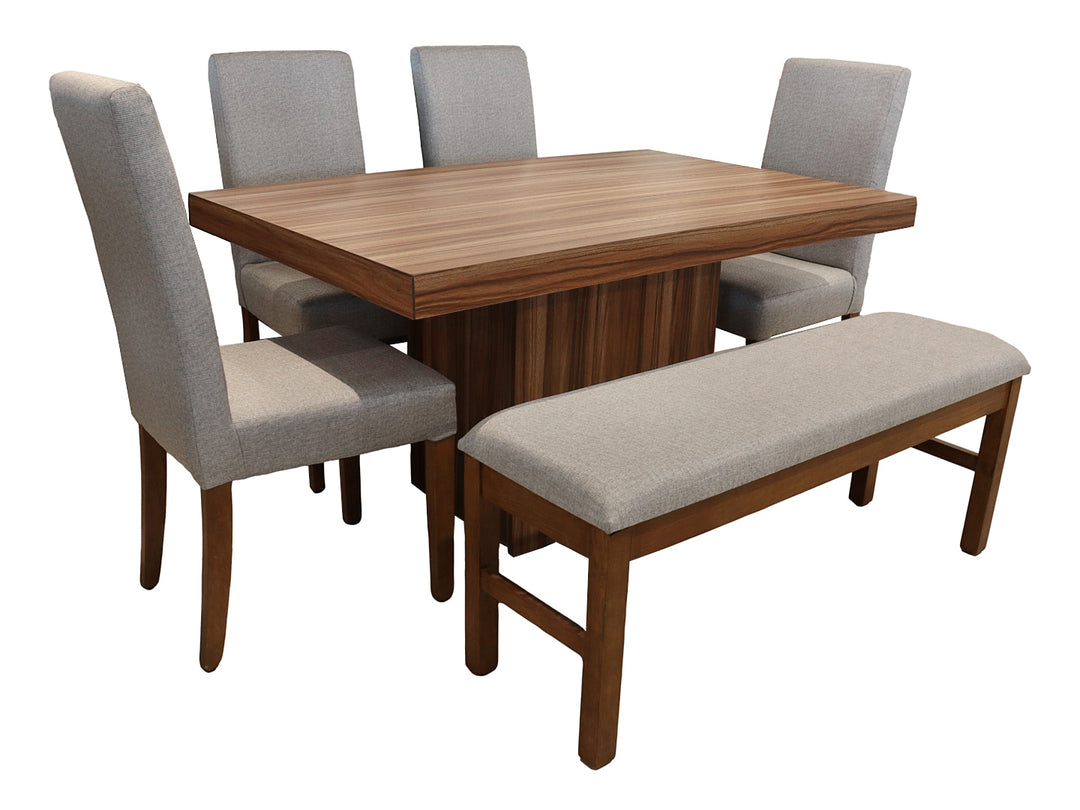 Conjunto de comedor Maova Tosca con mesa rectangular de madera, cuatro sillas y una banca en color gris.