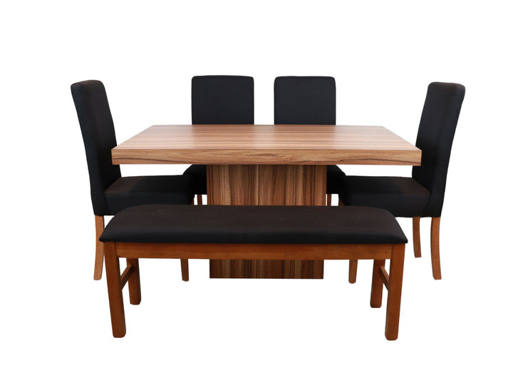 Conjunto de comedor con mesa de madera, cuatro sillas negras y una banca negra.