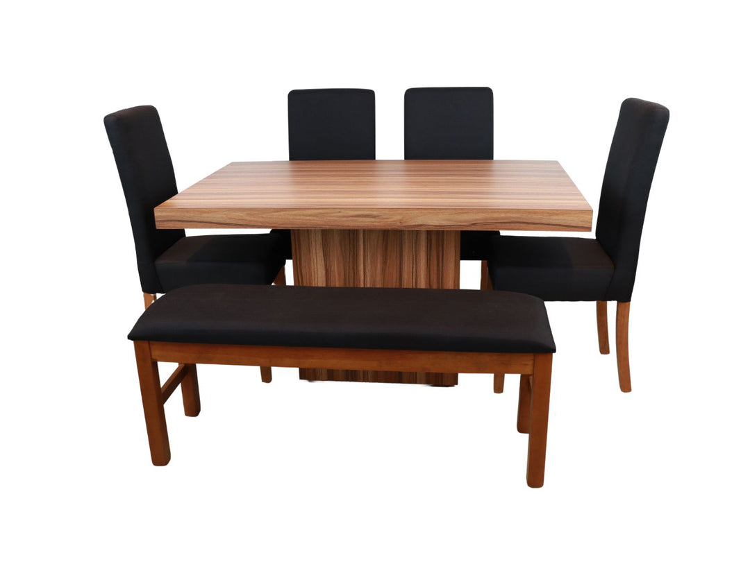 Conjunto de comedor con mesa de madera, cuatro sillas negras y una banca negra.