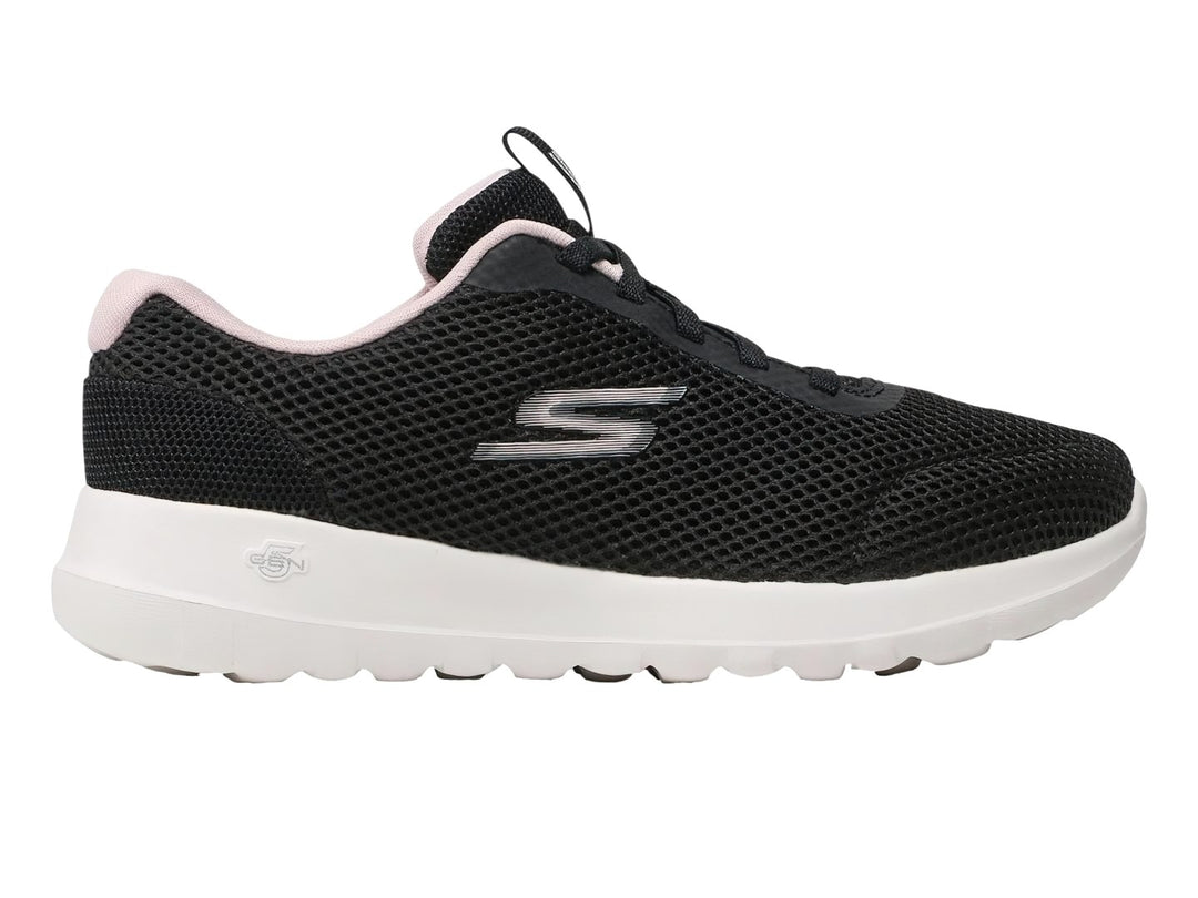 Tenis deportivos Skechers color negro con detalles en rosa y suela blanca.