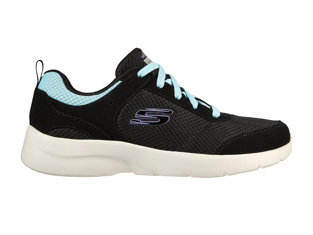 Tenis deportivos Skechers color negro con detalles en turquesa y suela blanca.