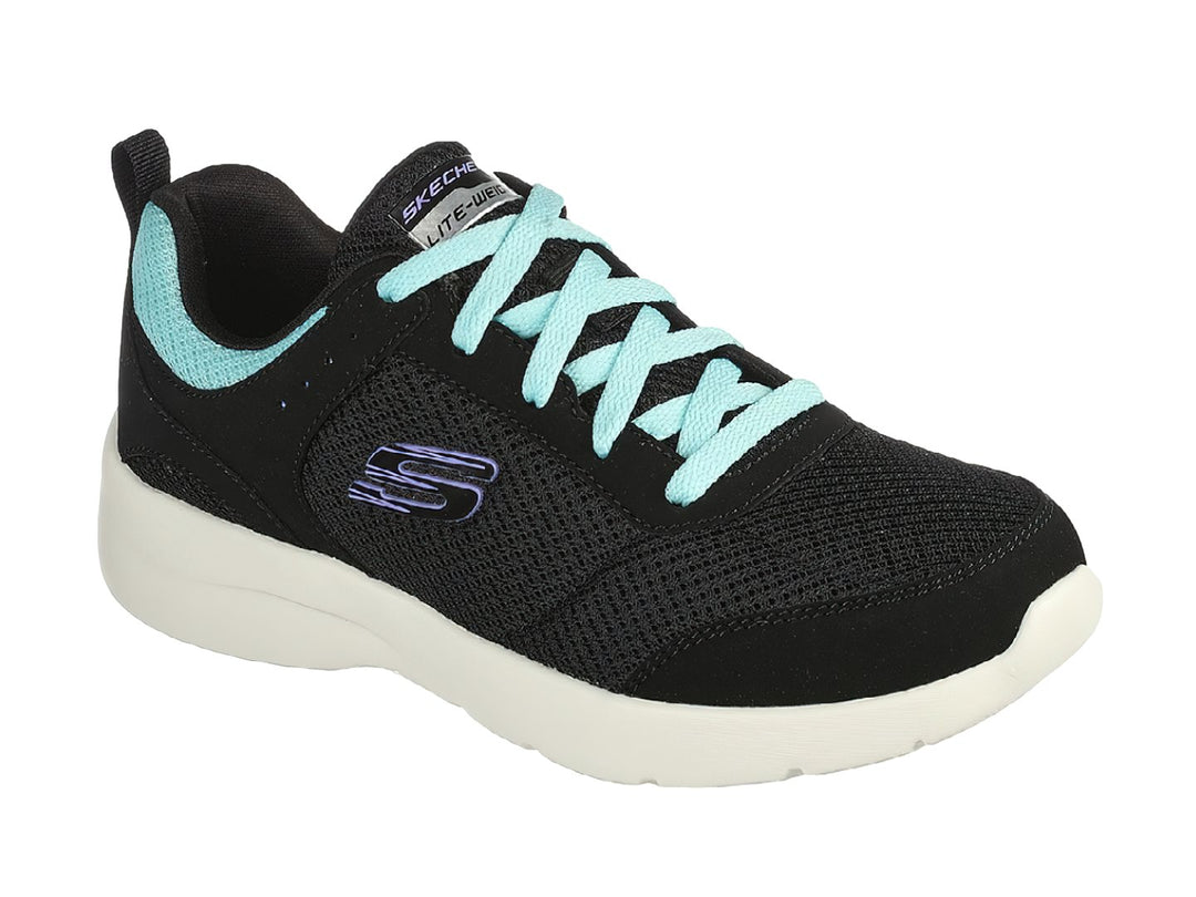 Tenis deportivos Skechers color negro con detalles en turquesa y suela blanca.