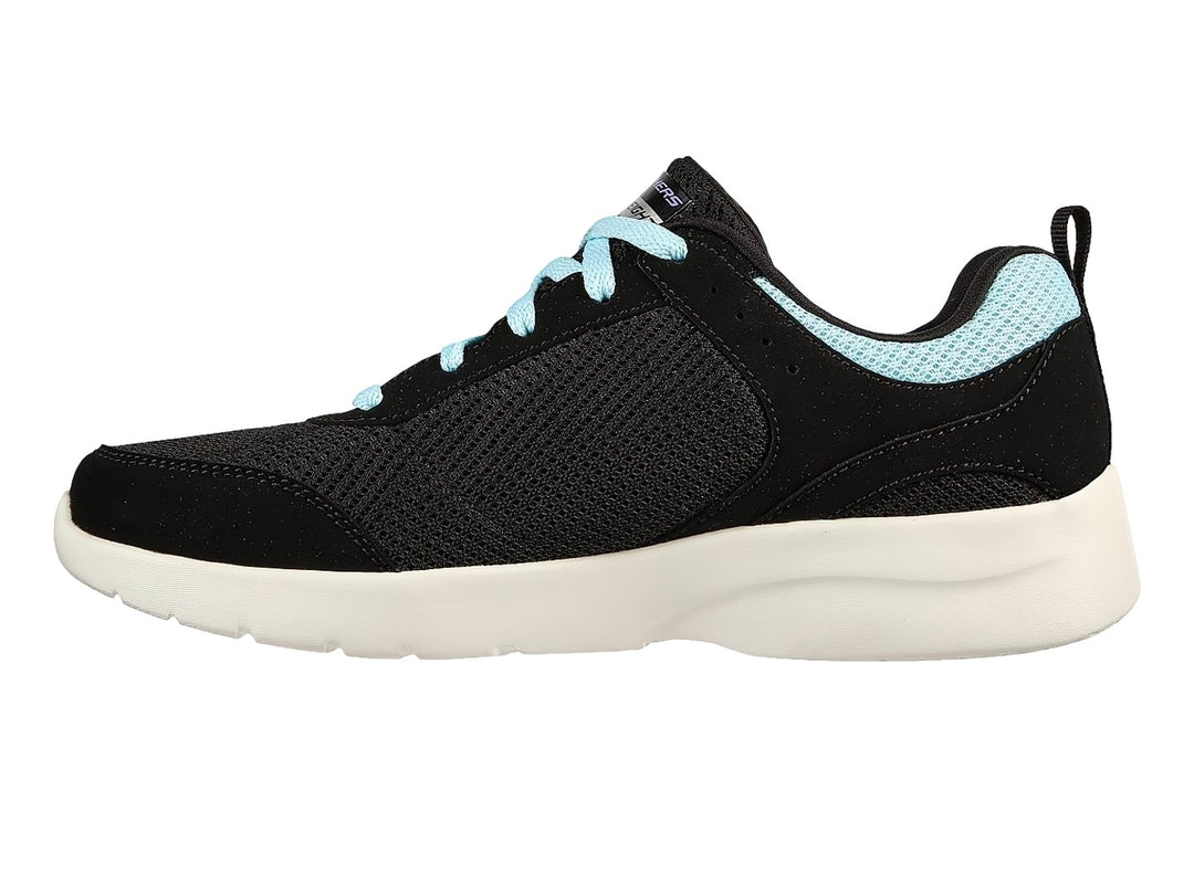 Tenis deportivos Skechers color negro con detalles en turquesa y suela blanca.