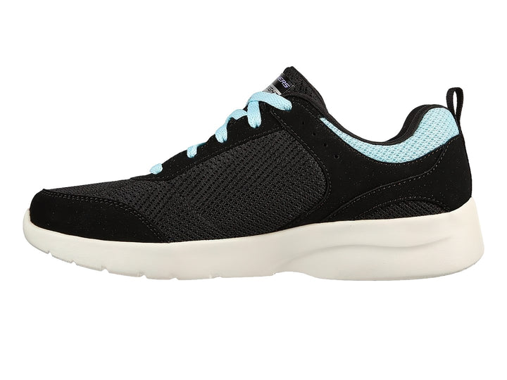 Tenis deportivos Skechers color negro con detalles en turquesa y suela blanca.
