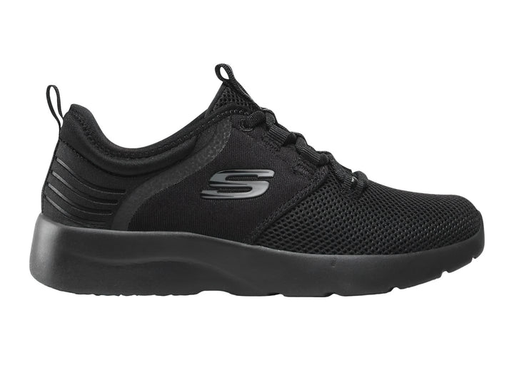 Tenis deportivos Skechers Dynamight 2.0 en color negro total con acabado en malla.