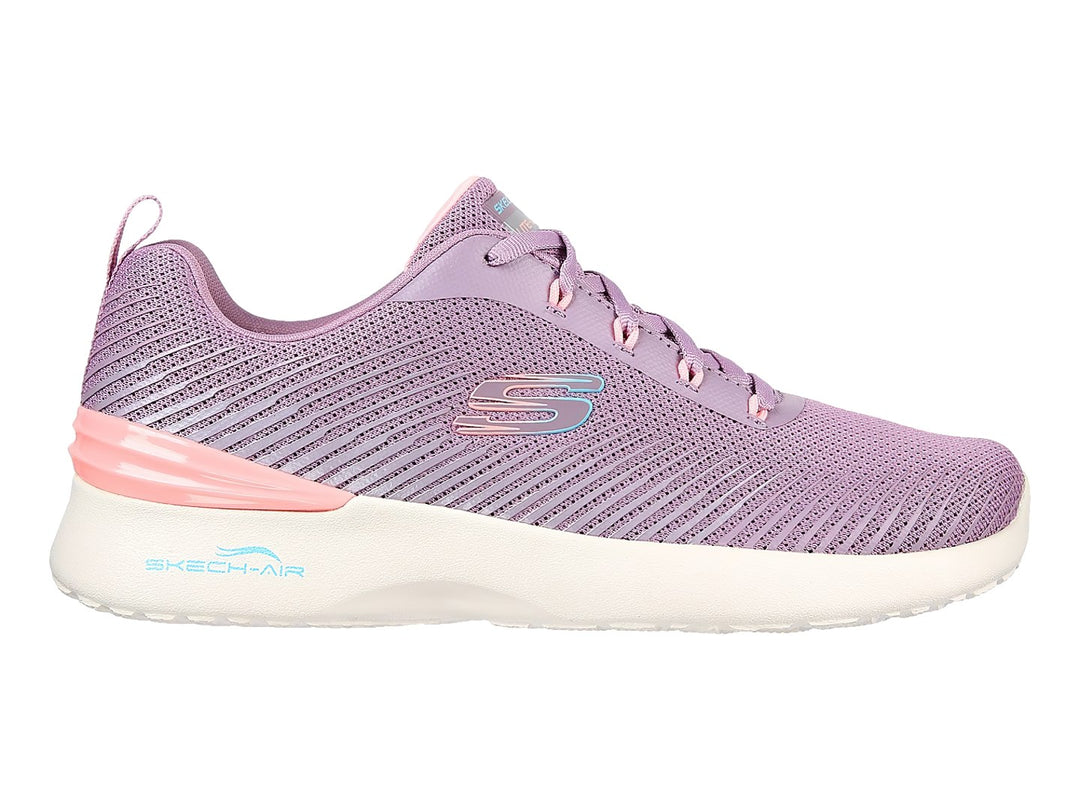 Tenis deportivos Skechers color morado con detalles en rosa y suela blanca para mujer.
