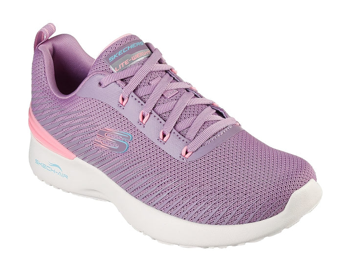 Tenis deportivos Skechers color morado con detalles en rosa y suela blanca para mujer.