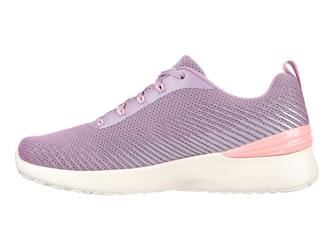 Tenis deportivos Skechers color morado con detalles en rosa y suela blanca para mujer.