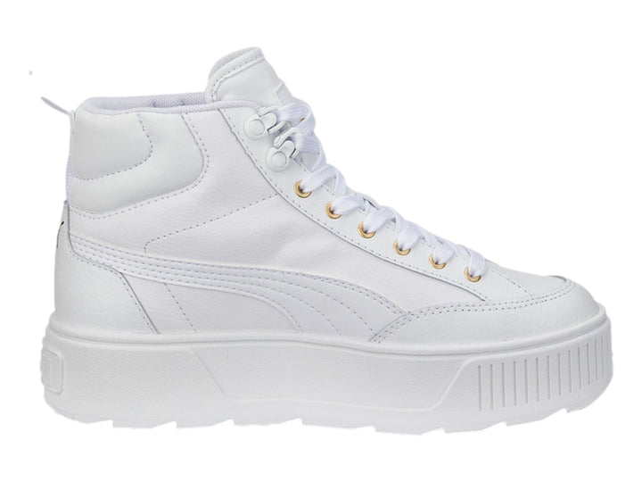 Tenis PUMA Karmen Mid color blanco con suela de plataforma y detalles dorados en los ojetes.