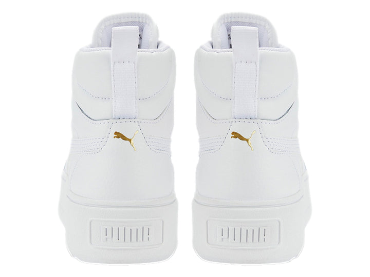 Tenis PUMA Karmen Mid color blanco con suela de plataforma y detalles dorados en los ojetes.