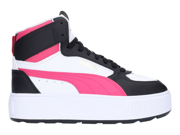 Tenis PUMA Karmen Rebelle Mid en color blanco con detalles en negro y morado beetroot, diseño de plataforma.