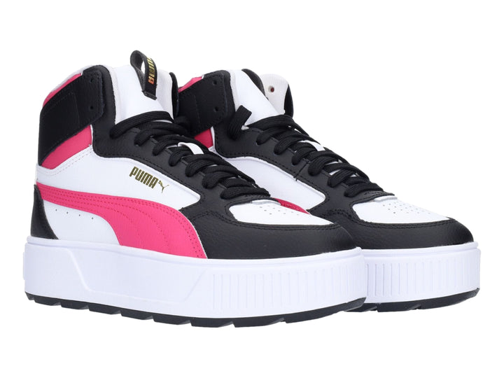 Tenis PUMA Karmen Rebelle Mid en color blanco con detalles en negro y morado beetroot, diseño de plataforma.