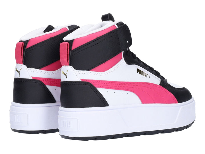 Tenis PUMA Karmen Rebelle Mid en color blanco con detalles en negro y morado beetroot, diseño de plataforma.