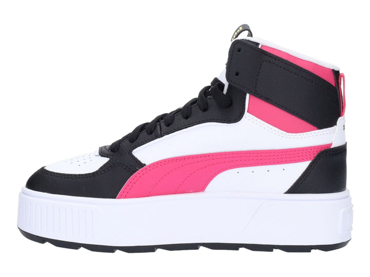 Tenis PUMA Karmen Rebelle Mid en color blanco con detalles en negro y morado beetroot, diseño de plataforma.
