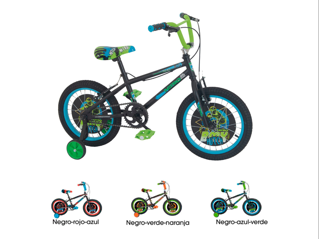 Bicicleta NITRO HUTCH para niño R16 en color negro con detalles en azul y verde.