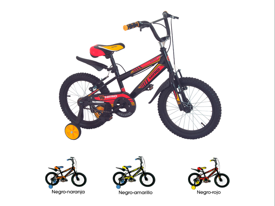 Bicicleta NITRO Galact IK color negro con detalles en rojo y amarillo, incluye ruedas de entrenamiento para niño.
