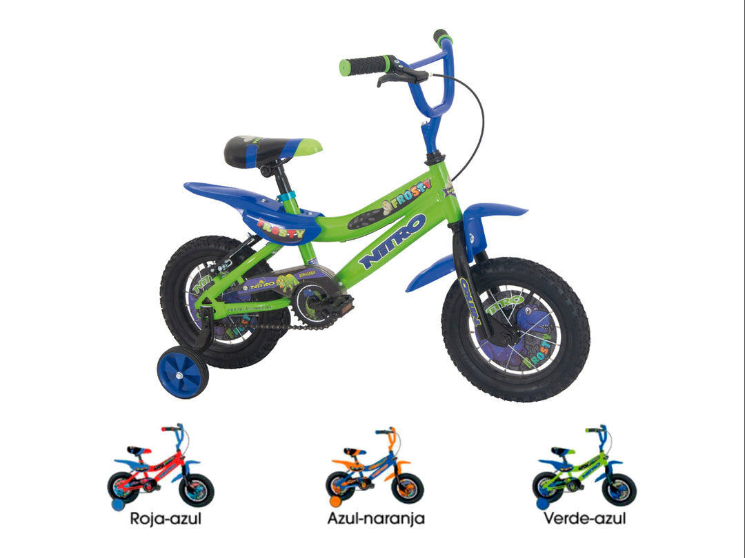 Bicicleta infantil Nitro Frosty color verde y azul con ruedas de entrenamiento laterales.