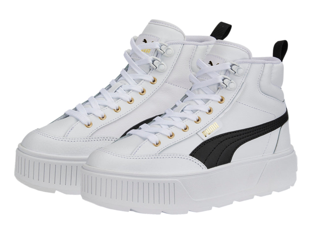 Tenis PUMA Carmen Mid blancos con suela de plataforma y detalle lateral negro.