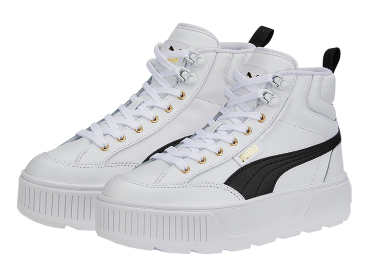 Tenis PUMA Carmen Mid blancos con suela de plataforma y detalle lateral negro.