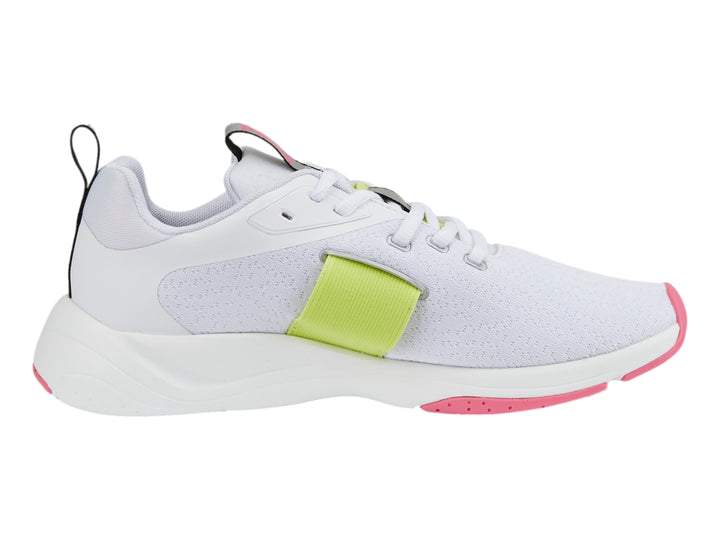 Tenis deportivos Puma blancos con detalles en verde lima y rosa
