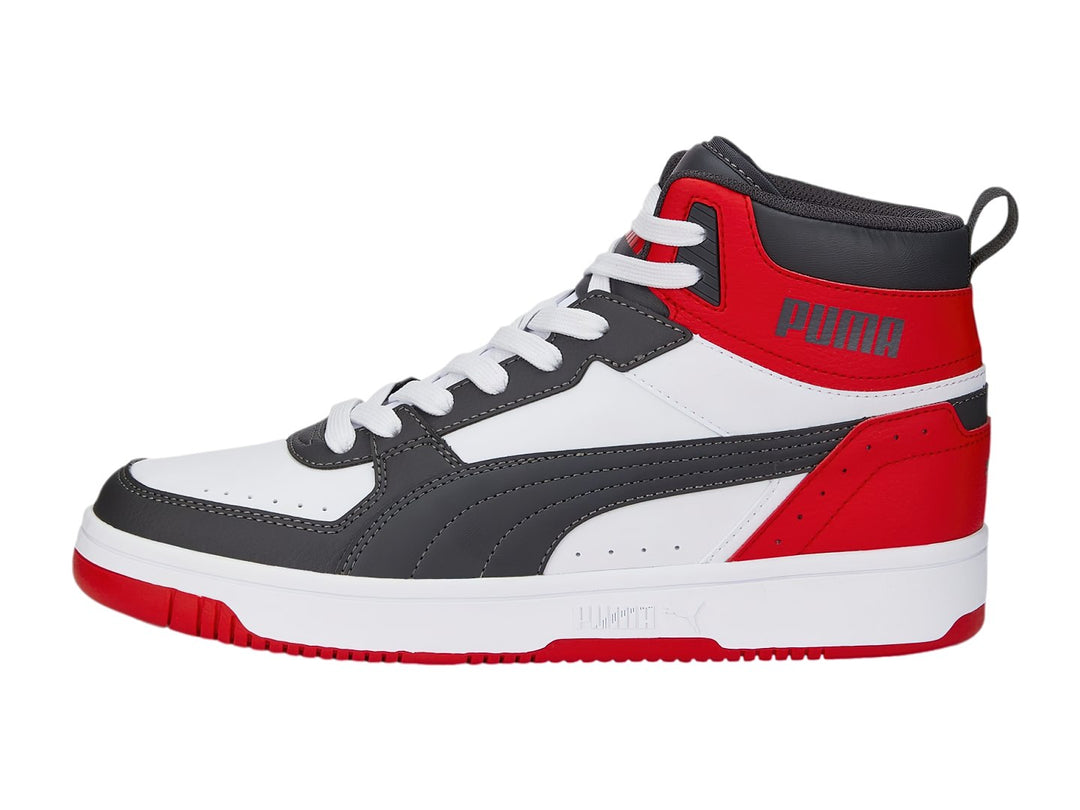 Tenis PUMA Rebound Joy de corte alto en colores blanco, gris y rojo con suela blanca.